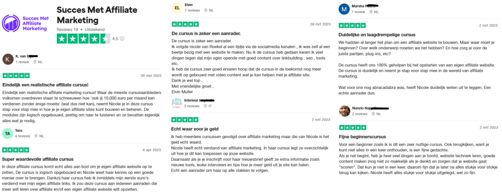 Op deze foto zie je ervaringen van de succes met affiliate marketing cursus